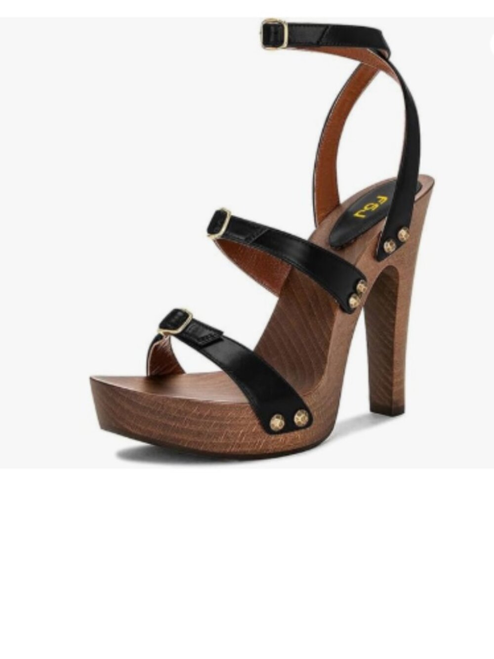 FSJ Black Open Toe Triple Buckle Straps Clog Heels Studded Platform Sandals